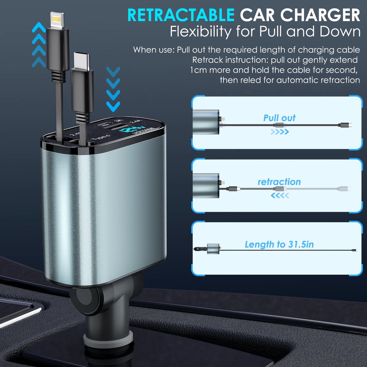 Retractable Car Charger, 66W 4 in 1 Fast Car Phone Charger, Retractable Type-C and Lightning Cables(31.5 Inch) and USB Car Charger, Compatible with Iphone 15/14/13/12/11,Ipad,Galaxy,Pixel